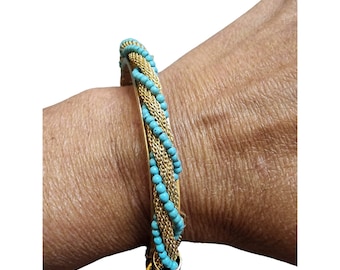 Vintage Unsigned Mesh And Beaded Wrapped Bangle Bracelet (A4763)