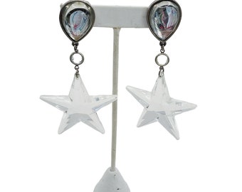 Vintage 70's Crystal & Plexiglass Star Dangle Earrings (A578)