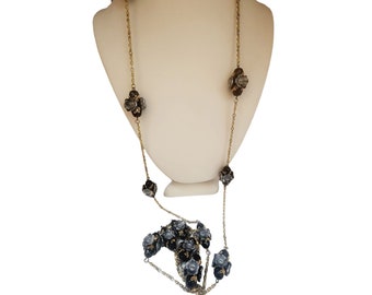 Beautiful Vintage Long Chain with Glass Flowers and Crystal Necklace (A4811)