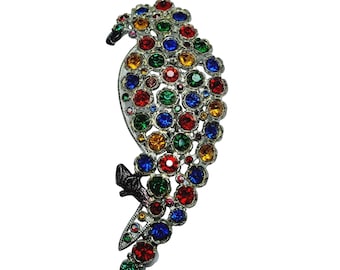 Antique Art Deco Pot Metal Glass Rhinestone Parrot Brooch (A893)
