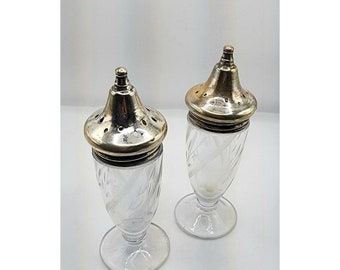 Estate Etched Sterling Silver Glass Salt & Pepper Shakers (A5051)