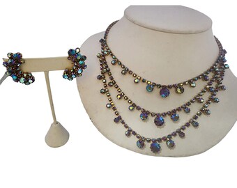 Unsigned Amazing Sparkly AB Rhinestone 3 Row Necklace and Earrings Set (A4628)