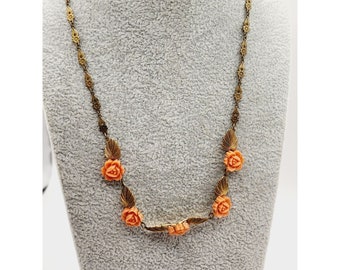 Antique Art Nouveau Celluloid Faux Coral Flower & Decorative Brass Necklace A478