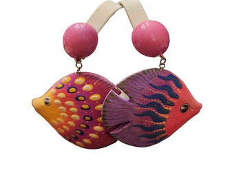 Vintage 80s Unique Balsa Wood Painted Fish Earrings - They are 2 different ones!