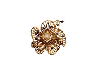 Vintage 18kt Gold Sapphire & Pearl Dimensional Brooch (A2560)