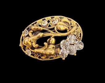 Antique Art Nouveau Brass & Crystal Brooch (A3969)