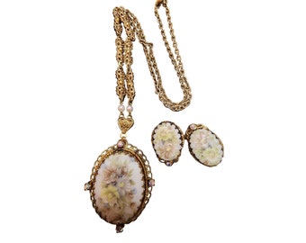 Vintage West Germany Signed Porcelain Floral Necklace Set (A2470)