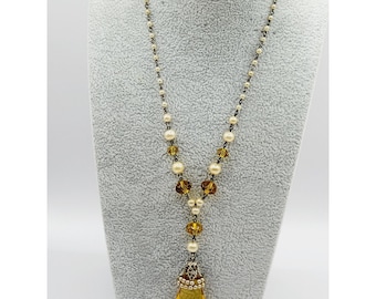 Vintage Art Deco Crystal & Glass Pendant Necklace (A322)