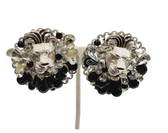 Vintage 80s Lion Embellished Clip Earrings (A572)