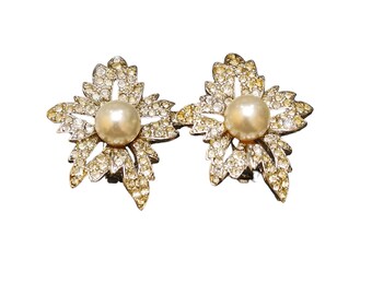 Vintage Signed Rhinestone and Pearl Fancy KJL Clip On Earrings (A4603)