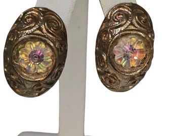 Vintage 80s Etruscan Rivoli Style Crystal Clip Earrings (A7978)