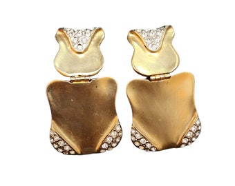 Vintage 80s Abstract Matte Gold Rhinestone Clip Earrings (A2347)