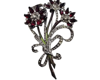 Antique Rare Superb 40s Cast Rhinestone Triple Flower Brooch (A8890)