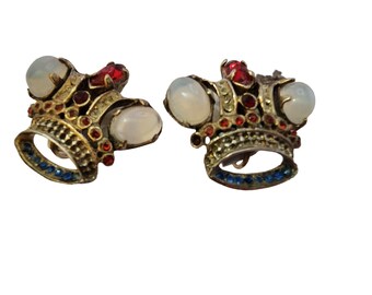 Vintage Sterling Rhinestone Moonstone Crown Earrings (A3669)