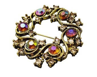 Vintage Unsigned Rhinestone Wreath Shape Brooch (A1460)