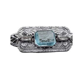 Antique Art Deco Etched Glass Filigree Brooch (A3245)