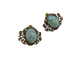 Vintage Hubble Glass and Brass Filigree Screw Back Earrings (A7985)