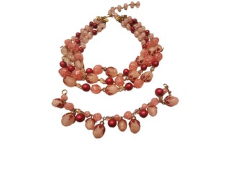 Vintage Signed Deauville Triple Strand Acrylic Necklace & Dangle Bracelet A4163