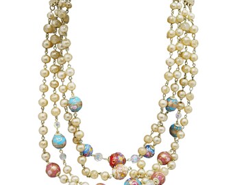 Vintage Triple Strand Glass Pearl & Wedding Cake Necklace (A762)