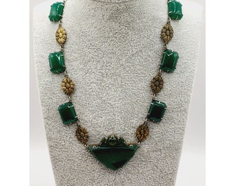 Antique Signed Germany Sterling Art Deco Chrysoprase Necklace (A469)