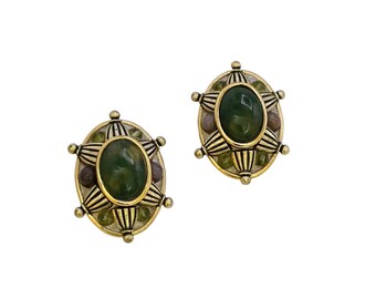 Vintage Signed Michal Golan Stone Clip Earrings (A7308)