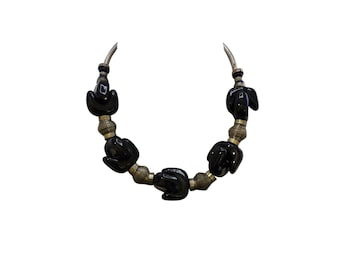 Vintage 70s Black Molded Glass Tubular Collar Necklace (A8238)