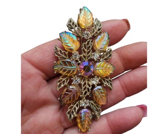 Vintage Glass Leaf Rhinestone Brooch (A2156)