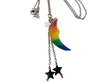 Vintage NOS Rainbow Lucite Crescent Moon And Star Necklace (A5205)