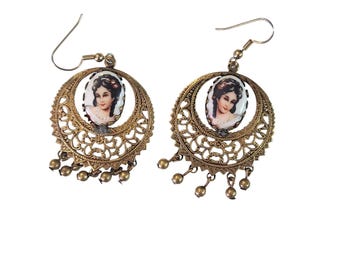 Porcelain Portrait Dangling Earrings, Bezel Set Brass, Vintage Jewelry