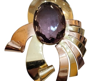 Vintage Faceted Unsigned Coro Pinky Gold & Gold Faceted Glass Dress Clip (A1051)