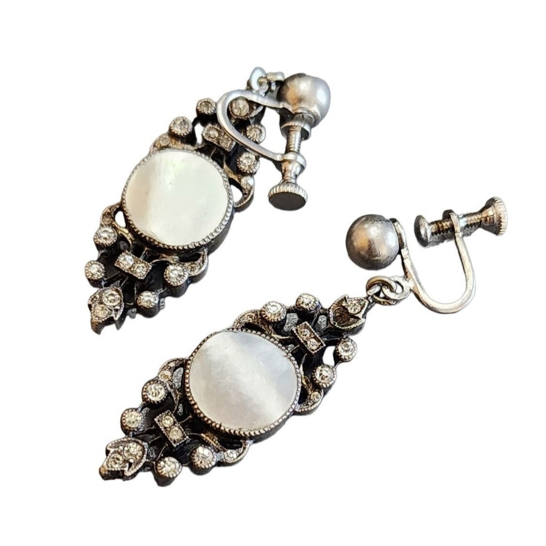 Vintage MOP Silver Tone Rhinestone Double Sided Screw Back