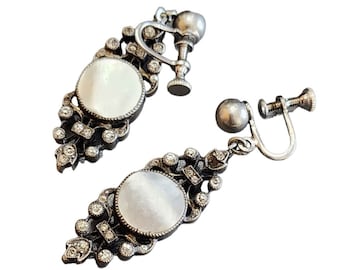 Vintage MOP Silver Tone Rhinestone Double Sided Screw Back Clip Earrings (A2729)