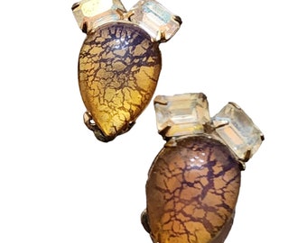 Vintage Marked Pat Pend Foil Glass Clip Earrings (A1839)