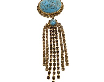 Vintage Turquoise Hubble Glass & Rhinestone Dangle Brooch (A8145)