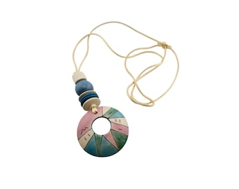 Vintage Colored Wood Pendant on Cord Necklace (A8285)