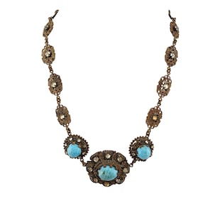Antique Spectacular Czech Turquoise Glass & Filigree Brass Necklace (A3422)