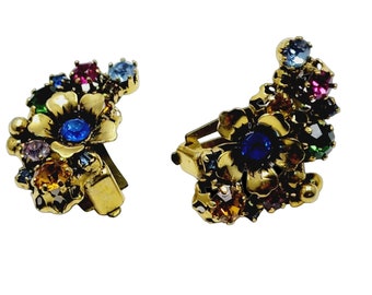 Vintage Signed Austria Floral Jeweled Clip Earrings (A886)