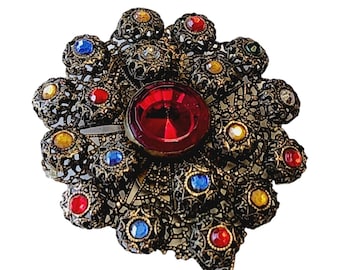 Vintage Brass Filigree Glass Dress Clip (A2221)