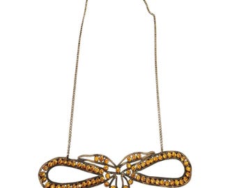 Antique Metal Chain And Rhinestone Bow Applique Turned Necklace (A8728)