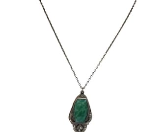 Antique Mottled Green Glass Art Deco & Paste Pendant Necklace (A3884)