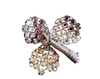 Vintage Rhinestone Hand Done Clover Brooch (A1594)