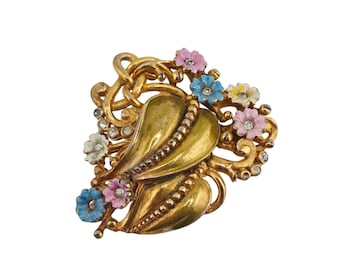 Fabulous Enameled Flower and Double Leaf Antique Fur Clip (A8871)