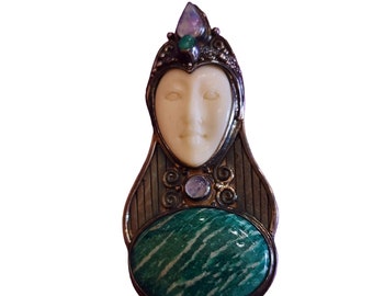 Vintage Sajen 925 Sterling Huge Semi Precious Goddess Brooch Pendant (A2121)