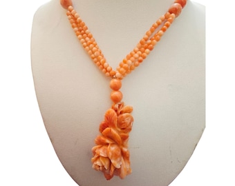 Vintage Stunning Carved Coral Flower All Coral Necklace (A4298)