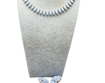 Vintage Unsigned Blue Milk Glass Rhinestone Necklace Set (A1064)