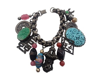 Vintage Heavy Unsigned Napier Asian Charm Bracelet (A3472)