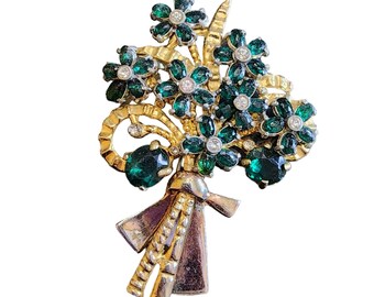 Vintage Heavy Plated Pot Metal Riveted Rhinestone Flower Brooch (A1815)