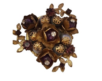 Vintage Well Made Beaded Brass Brooch (A3664)