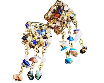 Unique Vintage Semi-Precious Stone Chip Dangle Earrings (A1726)