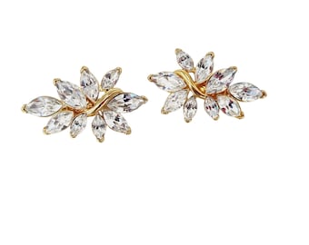Vintage Signed Trifari Sparkly Rhinestone Floral Earrings (A601)